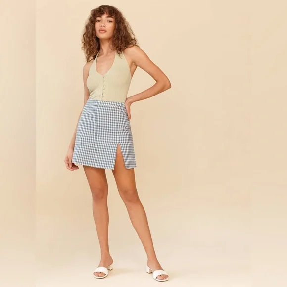 Reformation Baker linen skirt blue and white check size 2 - Picture 2 of 4